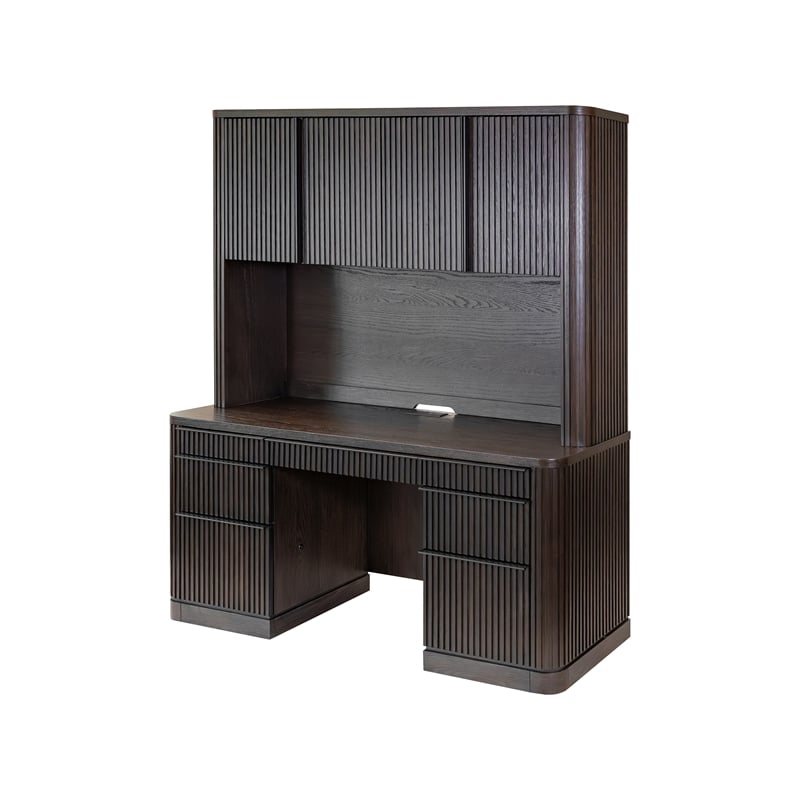 Pemberly Row Executive Credenza & Hutch with Fluted Tambour Detail in Chocolate
