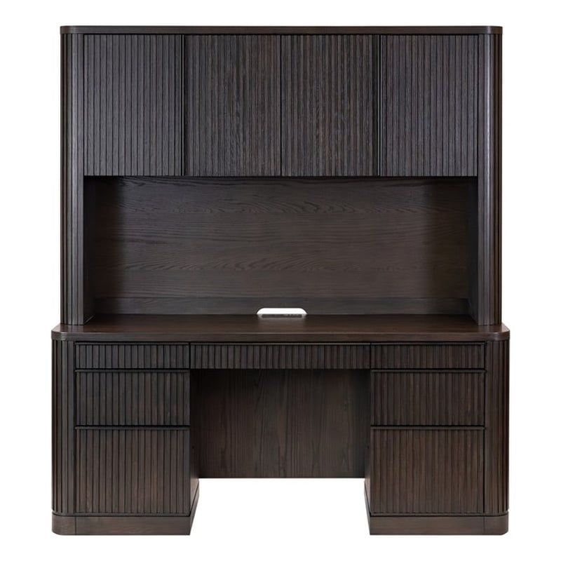 Pemberly Row Executive Credenza & Hutch with Fluted Tambour Detail in Chocolate