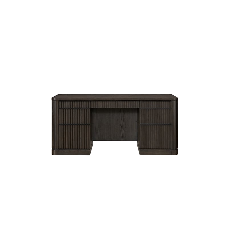 Pemberly Row Brown Executive Credenza with Fluted Tambour Detail & Power Center