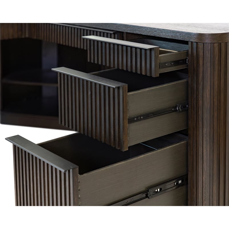 Pemberly Row Double Pedestal L-Desk with Fluted Detail & Locking Files in Brown