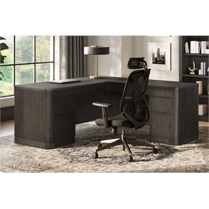 Pemberly Row Double Pedestal L-Desk with Fluted Detail & Locking Files in Brown