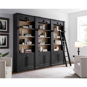 Pemberly Row 94&quotH 3-Unit Bookcase Wall with Ladder and Lighting in Black