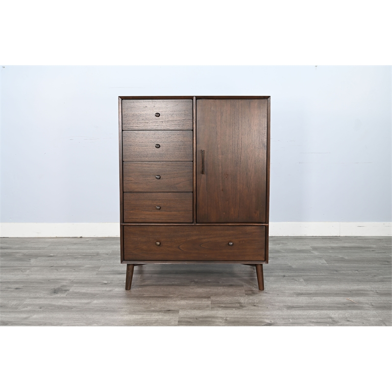 Pemberly Row Mid-Century Walnut Tall Dresser with Cabinet and 5 Drawers