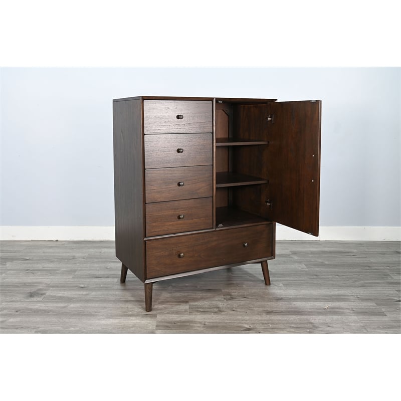 Pemberly Row Mid-Century Walnut Tall Dresser with Cabinet and 5 Drawers