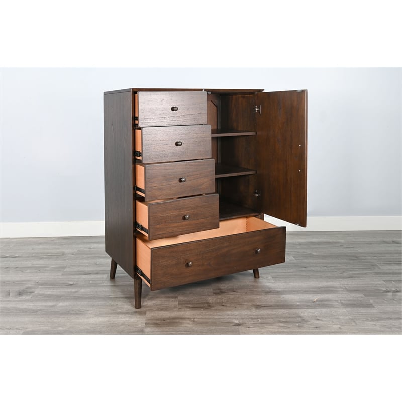 Pemberly Row Mid-Century Walnut Tall Dresser with Cabinet and 5 Drawers
