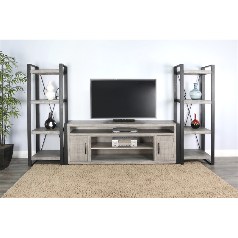 Pemberly Row Antique Grey Entertainment Console with Metal-Framed Piers