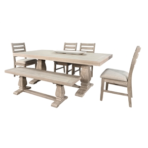 Pemberly Row 6Pc Dining Set with Bench and Pedestal Base in Wheat