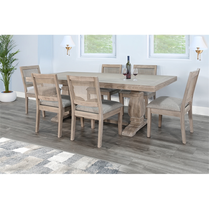 Pemberly Row 7-Piece Rectangular Dining Set with Pedestal Base in Natural Wheat