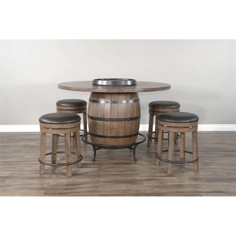 Pemberly Row Round Pub Table Set with Wine Barrel Design and Lazy Susan Storage