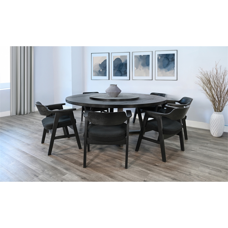 Pemberly Row 8-Piece Large Round Solid Wood Dining Set with Lazy Susan in Black