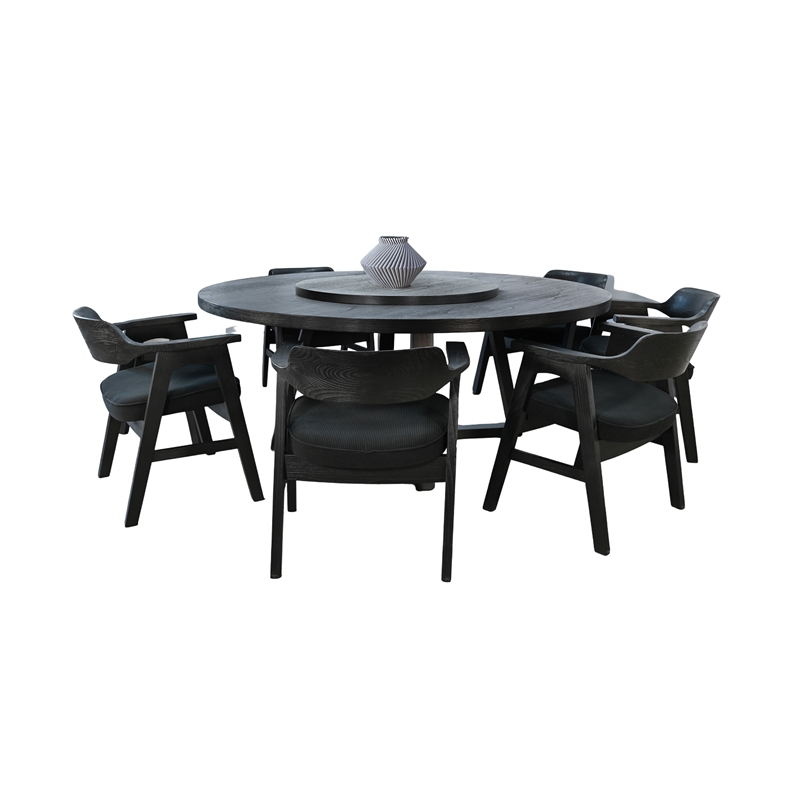 Pemberly Row 8-Piece Large Round Solid Wood Dining Set with Lazy Susan in Black