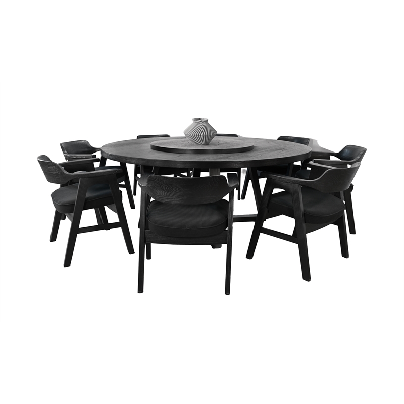 Pemberly Row 10-Piece Large Round Solid Wood Dining Set with Lazy Susan in Black