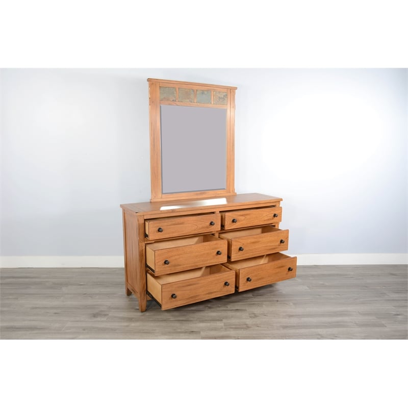Pemberly Row 6-Drawer Wood Dresser and Mirror Set in Rustic Golden Oak