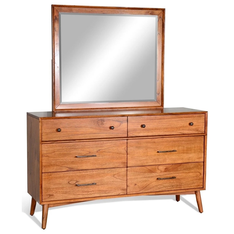 Pemberly Row Mid-Century Solid Wood 6-Drawer Dresser and Mirror Set in Walnut