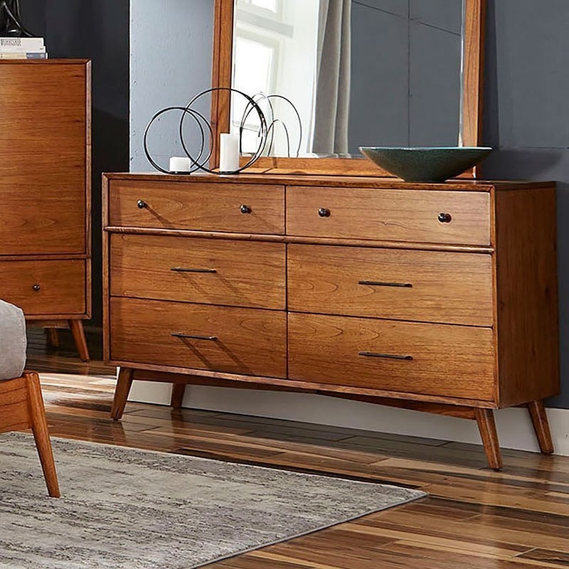 Pemberly Row Mid-Century Solid Wood 6-Drawer Dresser and Mirror Set in Walnut