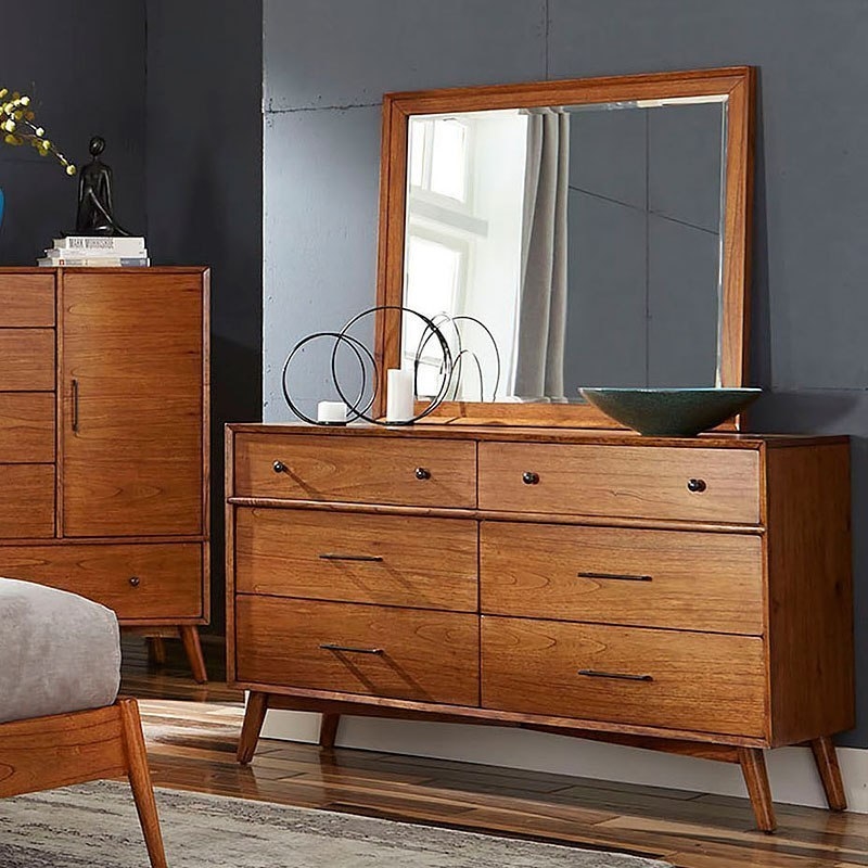 Pemberly Row Mid-Century Solid Wood 6-Drawer Dresser and Mirror Set in Walnut