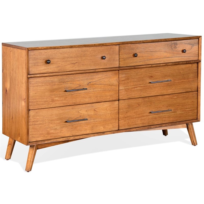 Pemberly Row Mid-Century Solid Wood 6-Drawer Dresser and Mirror Set in Walnut