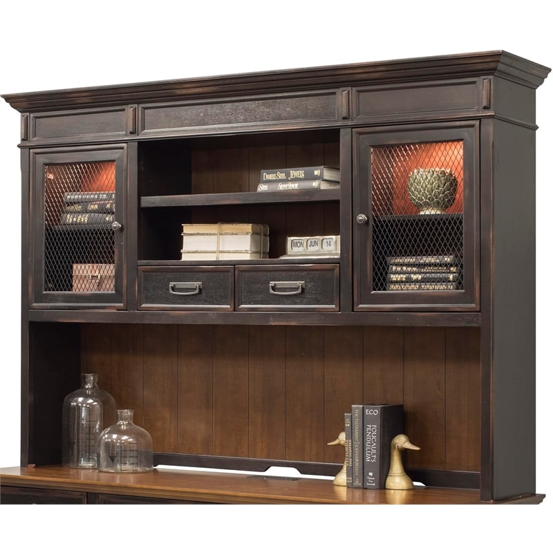 Pemberly Row Wood Office Hutch with Wire Mesh Doors and Touch Lighting in Black