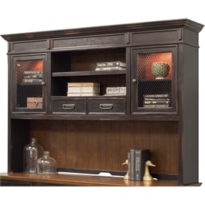 Pemberly Row Wood Office Hutch with Wire Mesh Doors and Touch Lighting in Black