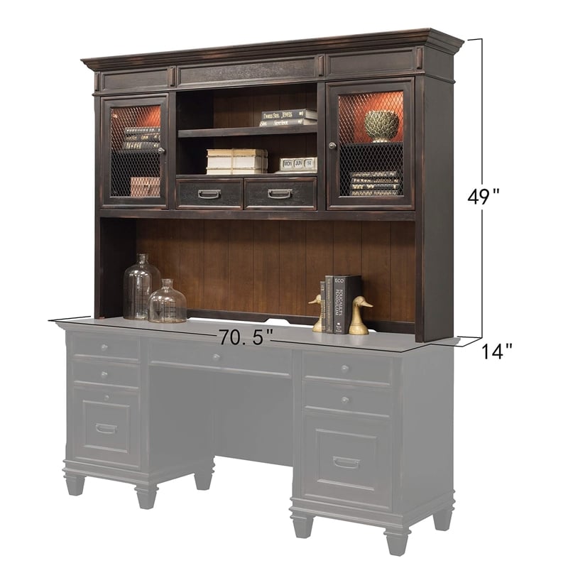 Pemberly Row Wood Office Hutch with Wire Mesh Doors and Touch Lighting in Black