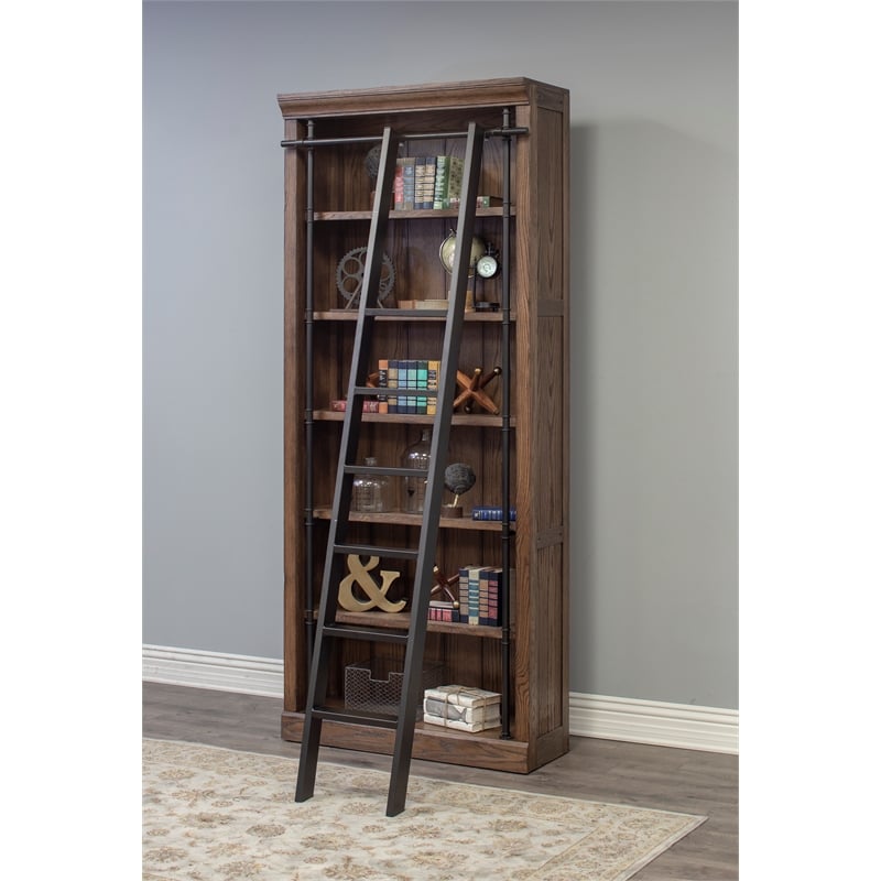 Pemberly Row 5-Shelf Farmhouse Wood Bookcase with Steel Frame in Brown