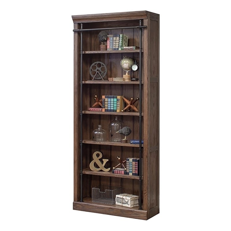 Pemberly Row 5-Shelf Farmhouse Wood Bookcase with Steel Frame in Brown