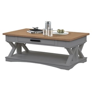Pemberly Row Wood Cocktail Table with Drawer and Casters in Gray
