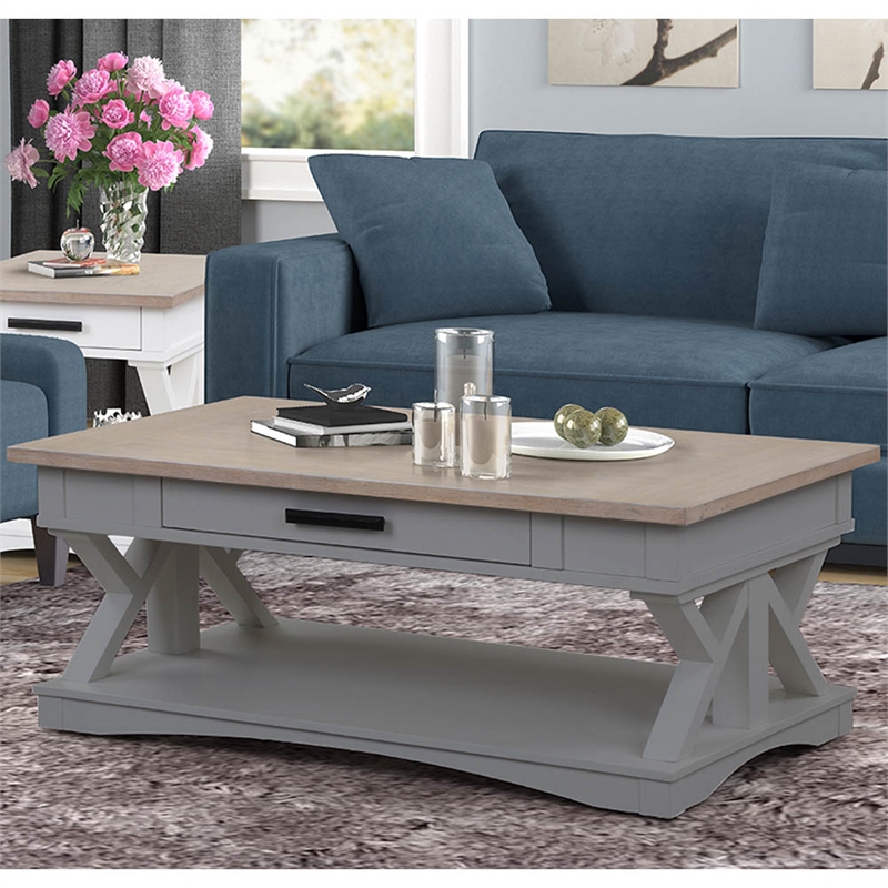 Pemberly Row Wood Cocktail Table with Drawer and Casters in Gray