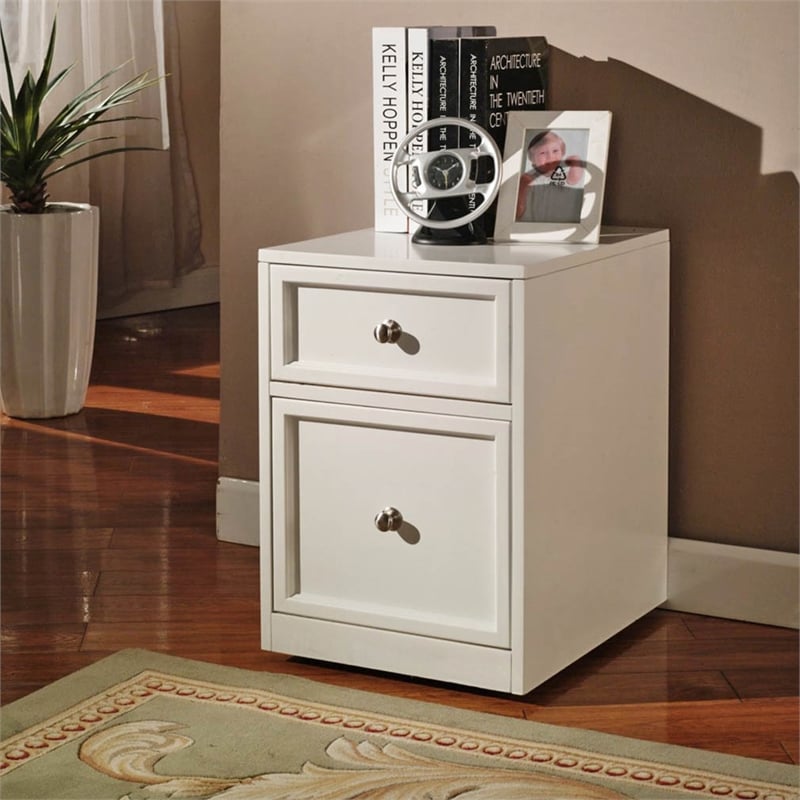 Pemberly Row Wood Rolling File Cabinet with Storage Drawer in Cottage White