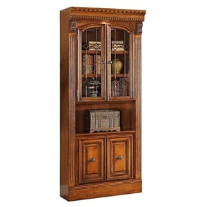 Pemberly Row 32&quot Wood Glass Door Bookcase with Lighting in Antique Pecan