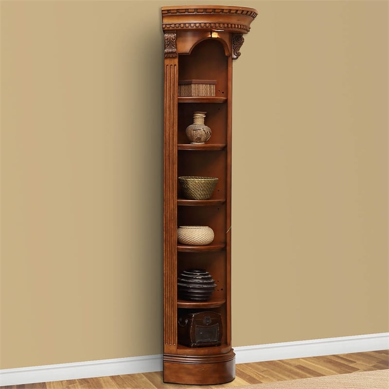 Pemberly Row Wood Outside Corner Bookcase with Can Lighting in Antique Pecan