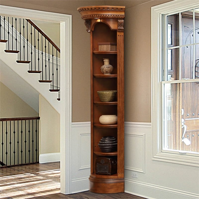 Pemberly Row Wood Outside Corner Bookcase with Can Lighting in Antique Pecan