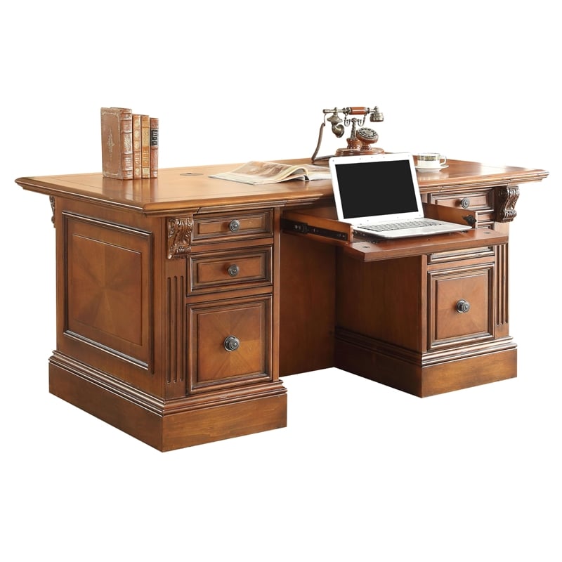 Pemberly Row Double Pedestal Executive Desk with Power Center in Antique Pecan