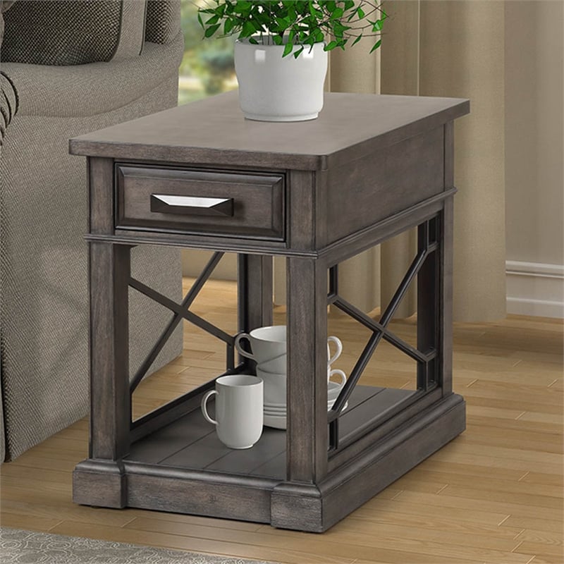 Pemberly Row Wood Chairside Table with Power Center and USB in Smokey Gray