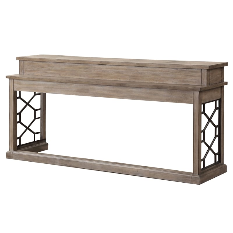 Pemberly Row Wood Console Set with 3 Swivel Stools & Power Center in Sandstone