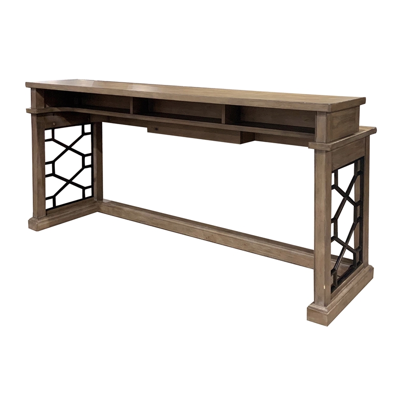 Pemberly Row Wood Console Set with 3 Swivel Stools & Power Center in Sandstone