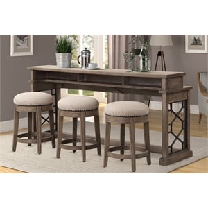 Pemberly Row Wood Console Set with 3 Swivel Stools & Power Center in Sandstone