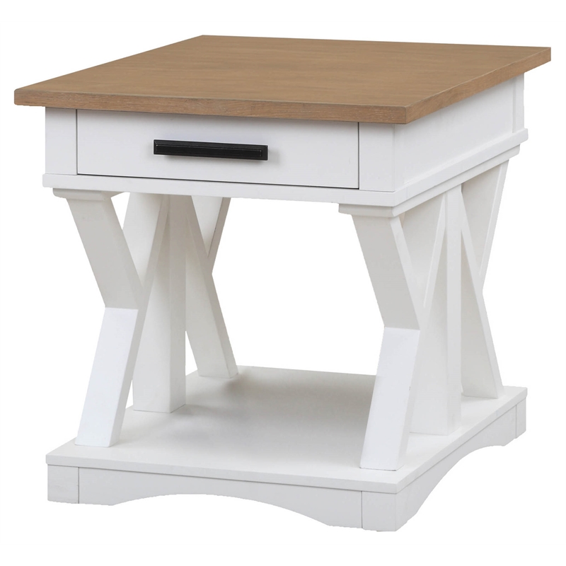 Pemberly Row Wood End Table with Drawer in White and Natural