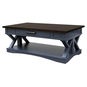 Pemberly Row Wood Cocktail Table with Drawer and Casters in Denim Blue