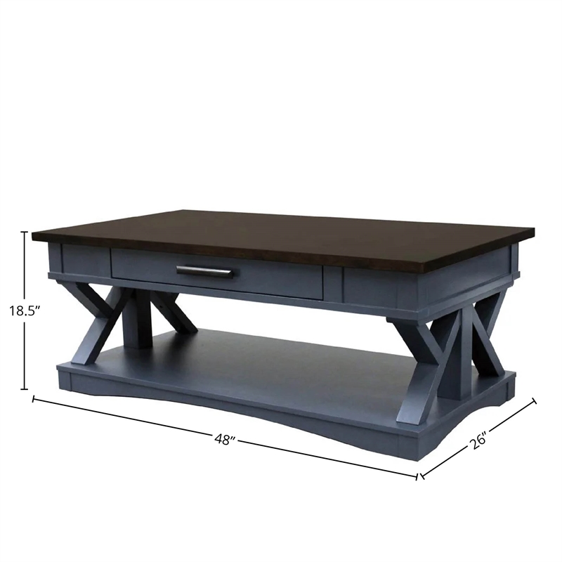 Pemberly Row Wood Cocktail Table with Drawer and Casters in Denim Blue