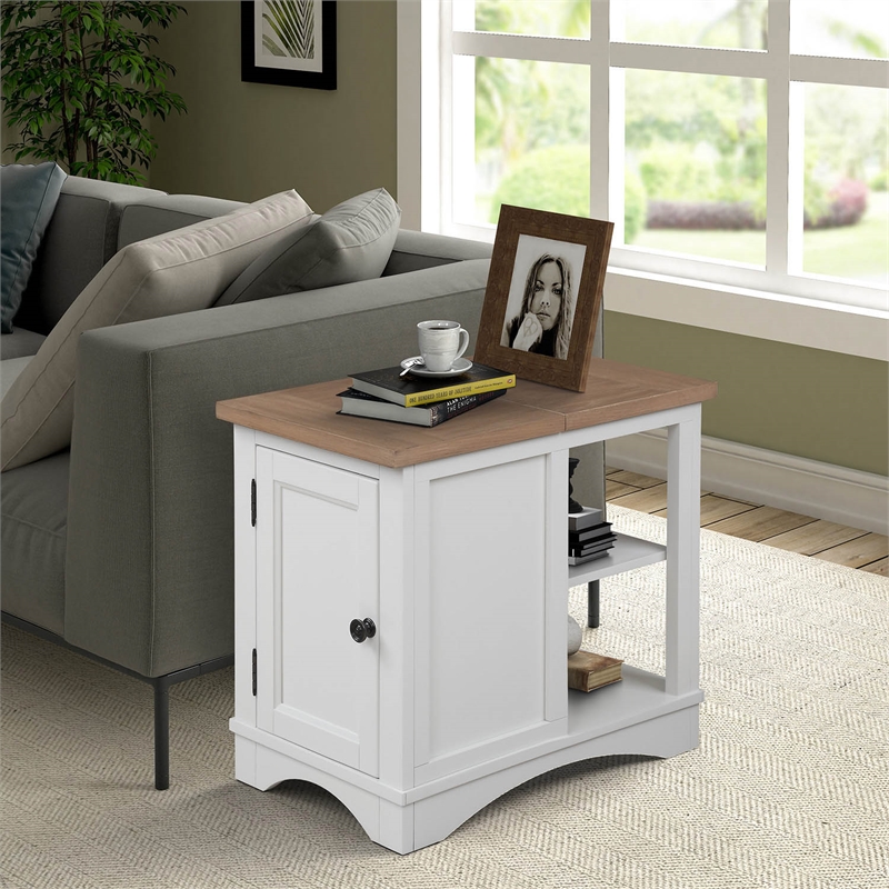 Pemberly Row Wood End Table with Power Center and Adjustable Shelves in White