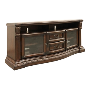 Pemberly Row 67&quot Wood TV Console with Glass Doors and Power Center in Brown