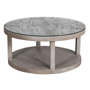 Pemberly Row Round Cocktail Table with Casters and Glass Shelf in Fossil Grey