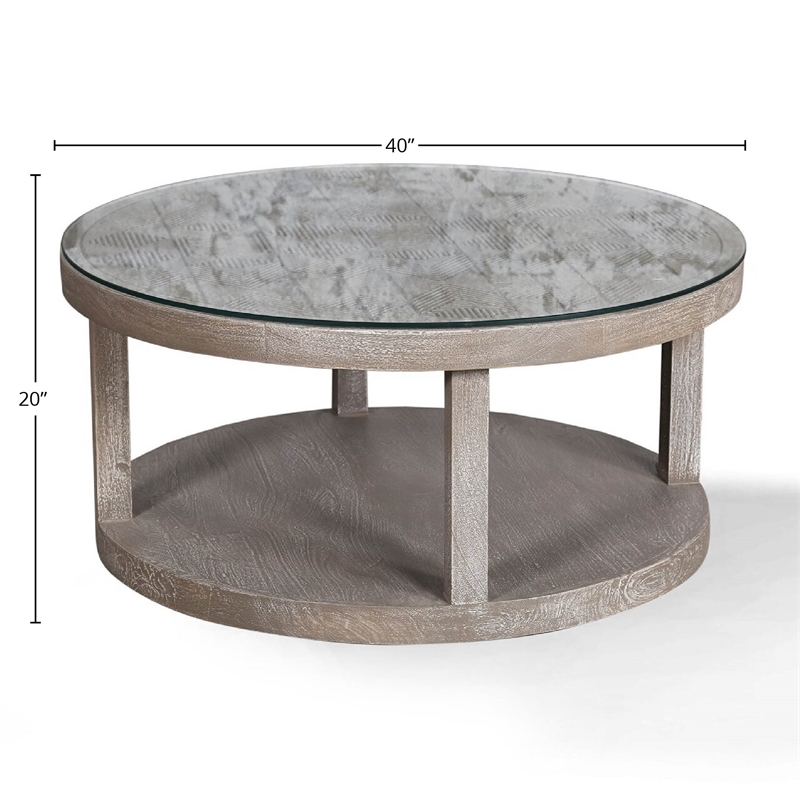 Pemberly Row Round Cocktail Table with Casters and Glass Shelf in Fossil Grey