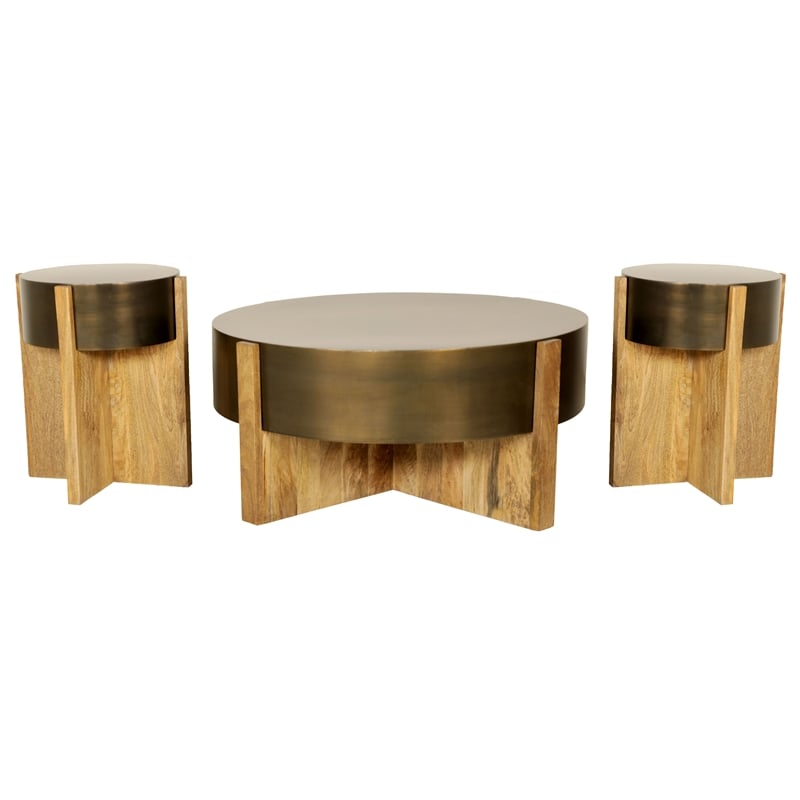 Pemberly Row 3-Piece Mango Wood Cocktail and End Table Set in Bronze