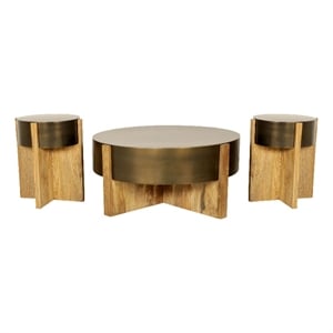 Pemberly Row 42&quot Round Mango Wood Cocktail Table with Bronze Metal Drum