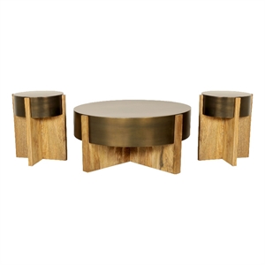 Pemberly Row 22&quot Round Mango Wood End Table with Bronze Metal Drum