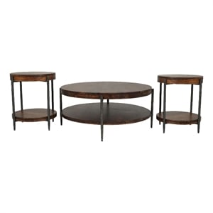 Pemberly Row 41&quot Round Solid Wood Cocktail Table with Hammered Metal Accents