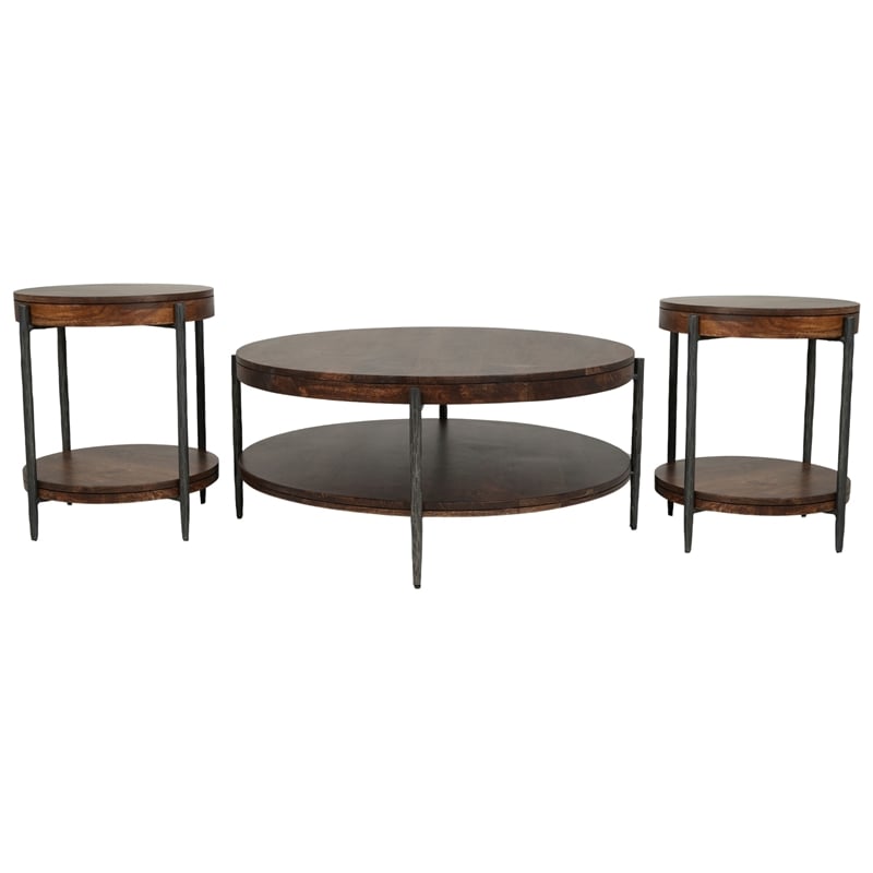 Pemberly Row 3Pc Wood Cocktail & End Table Set with Hammered Metal in Hickory