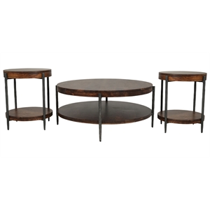 Pemberly Row 3Pc Wood Cocktail & End Table Set with Hammered Metal in Hickory
